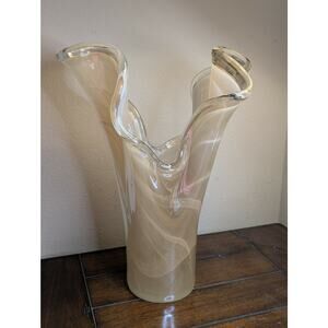 Large Stunning Murano Style Art Blown Glass Beige Gold Luster Stretch Vase 16"